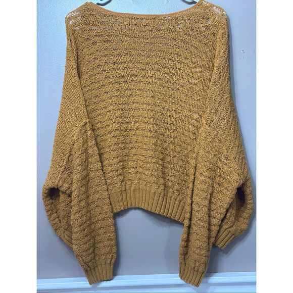 Free People Boho Slouchy Shoulder Mustard Yellow Crochet Crop Top Sweater Medium - Picture 10 of 10